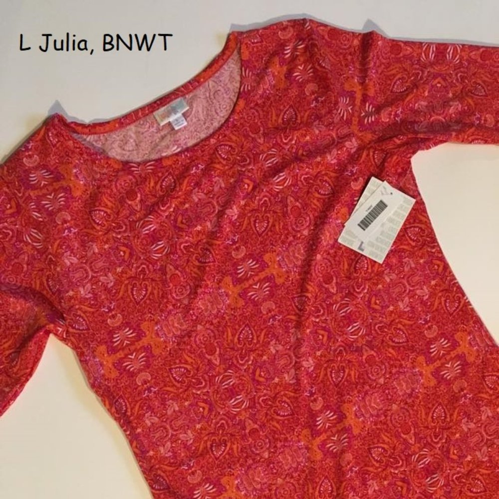 L Lularoe Julia sheath dress, red orange print